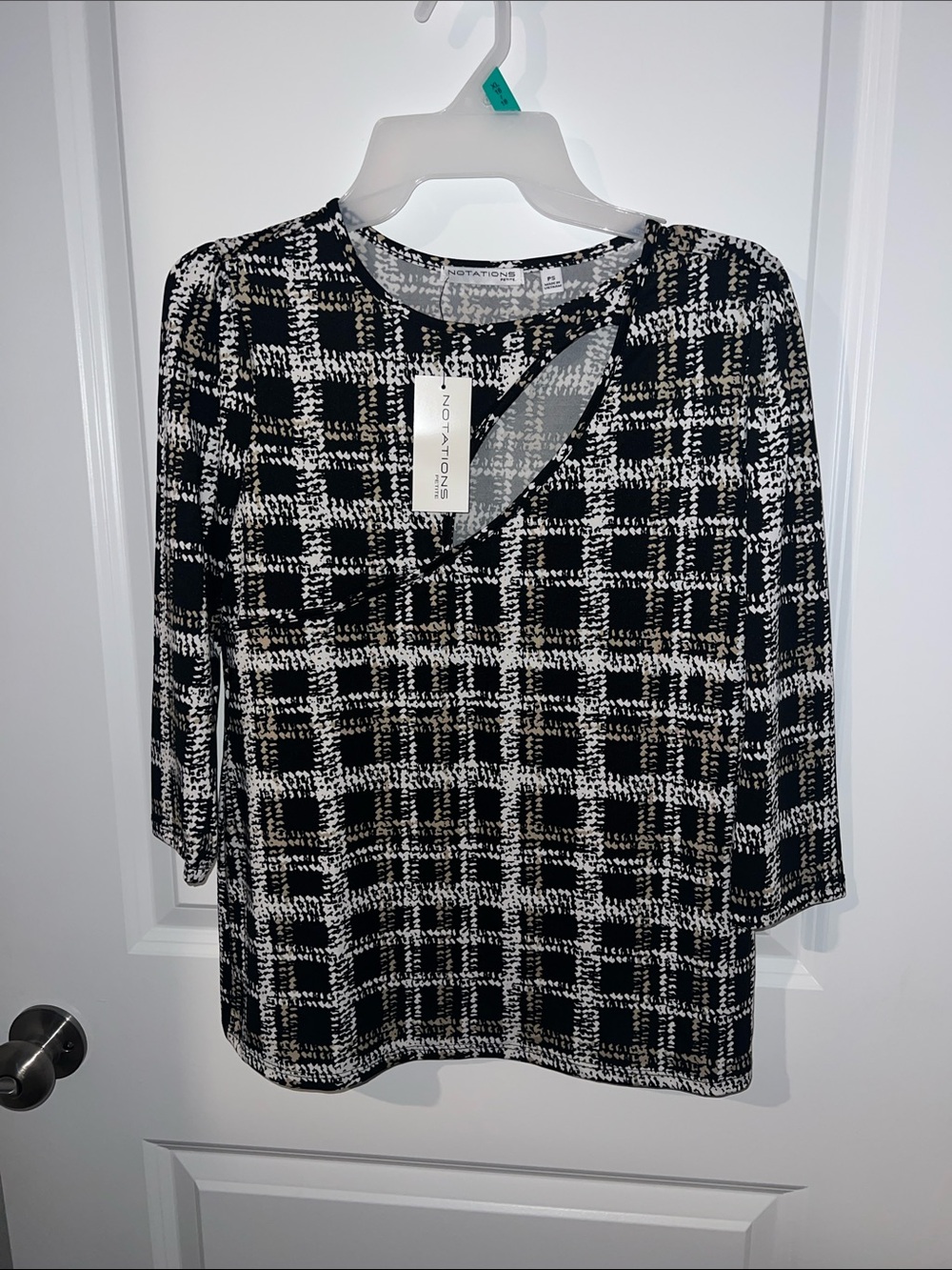 Notations Black & White Plaid Cutout Long Sleeve Top